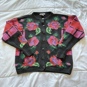 Vintage 90s Y2K Gallagher Cardigan Sweater Black Pink Floral Roses Womens Medium
